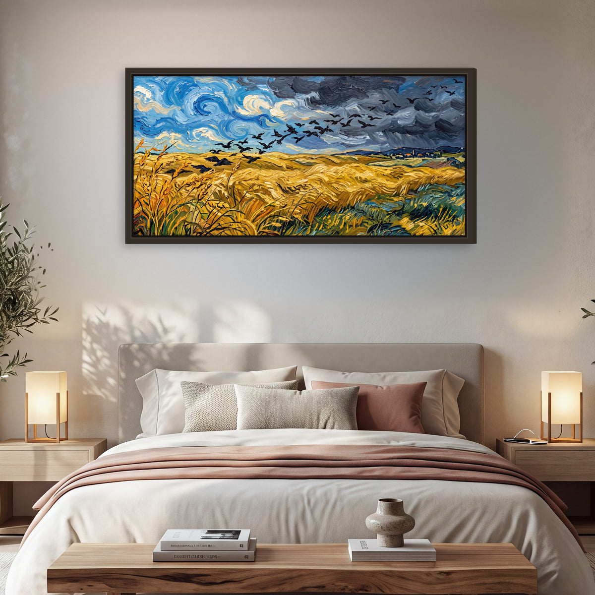 Wheat field with crows painting framed canvas wall art in a bedroom above the bed