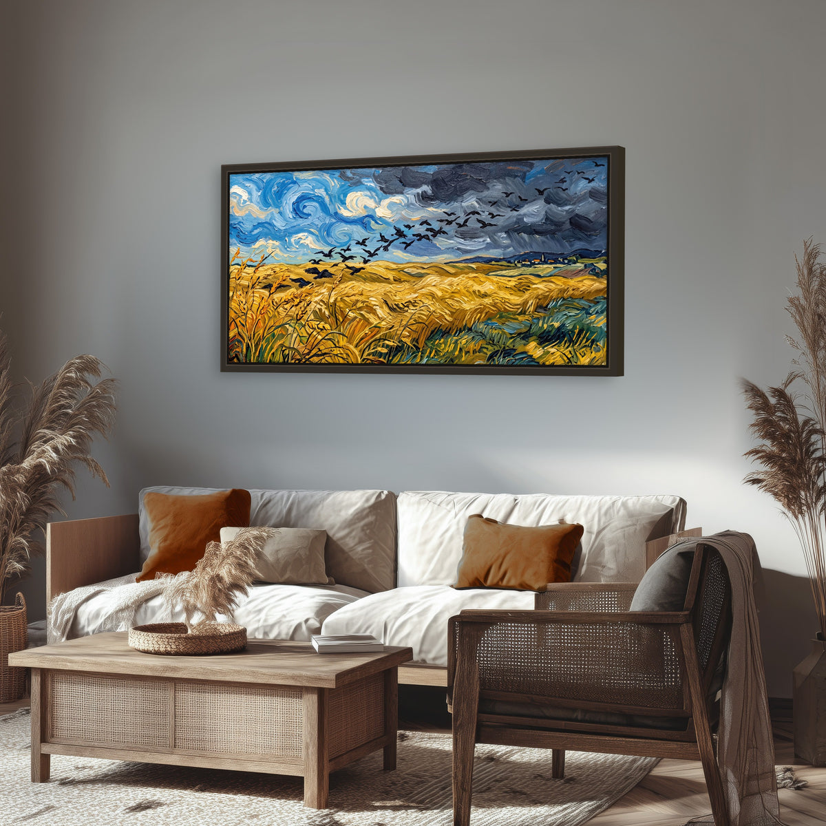 Wheat field with crows painting framed canvas wall art in a rustic living room