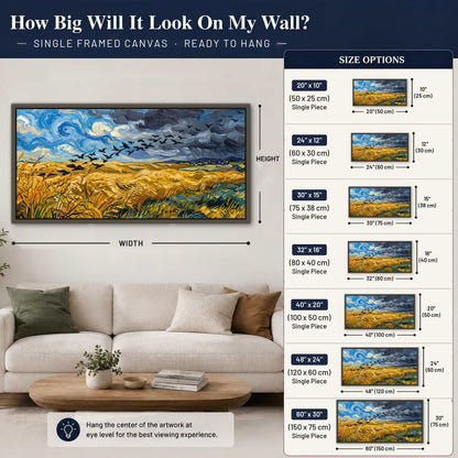 Wheat field with crows painting framed canvas wall art size guide above a sofa