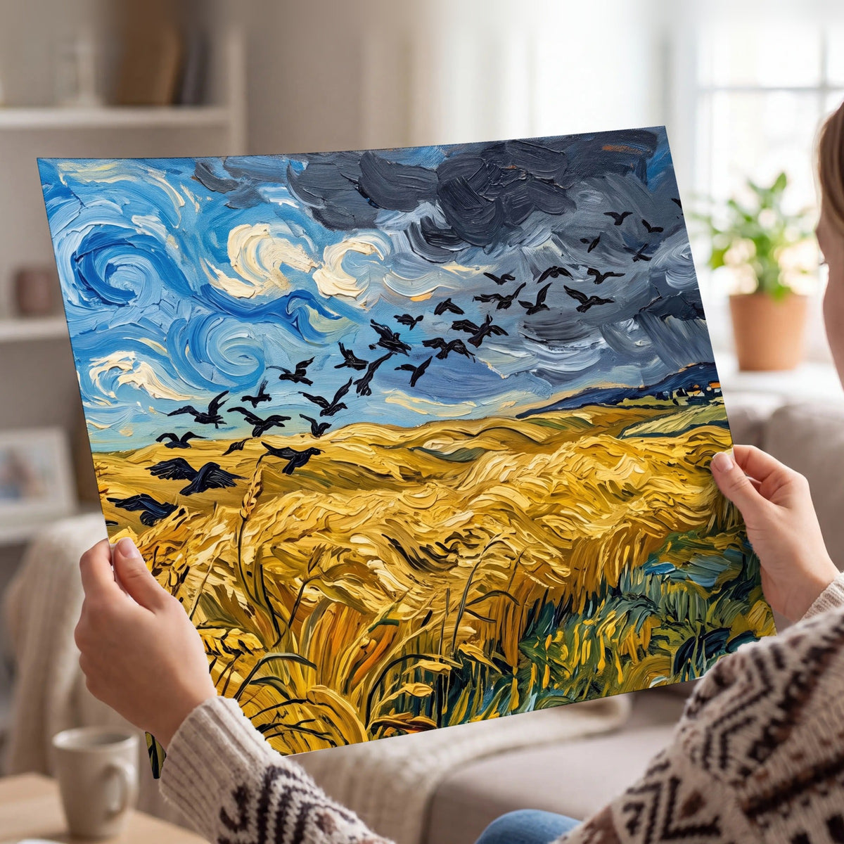 Wheat field with crows painting poster print held in hands