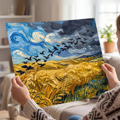 Wheat field with crows painting poster print held in hands
