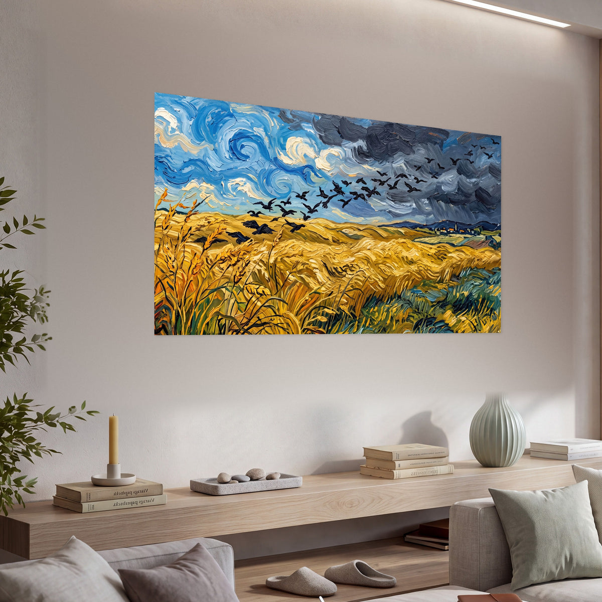 Wheat field with crows painting poster print in a living room above a console