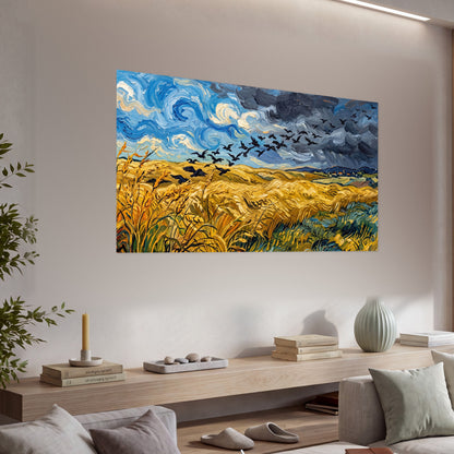 Wheat field with crows painting poster print in a living room above a console