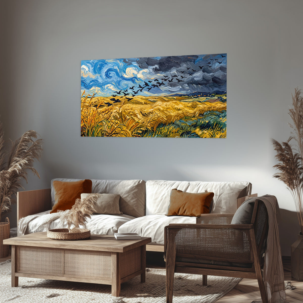 Wheat field with crows painting poster print in a rustic living room