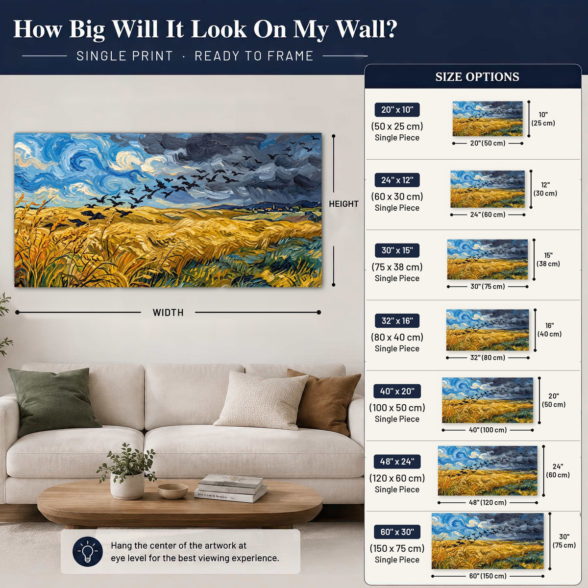 Wheat field with crows painting poster print size guide above a sofa
