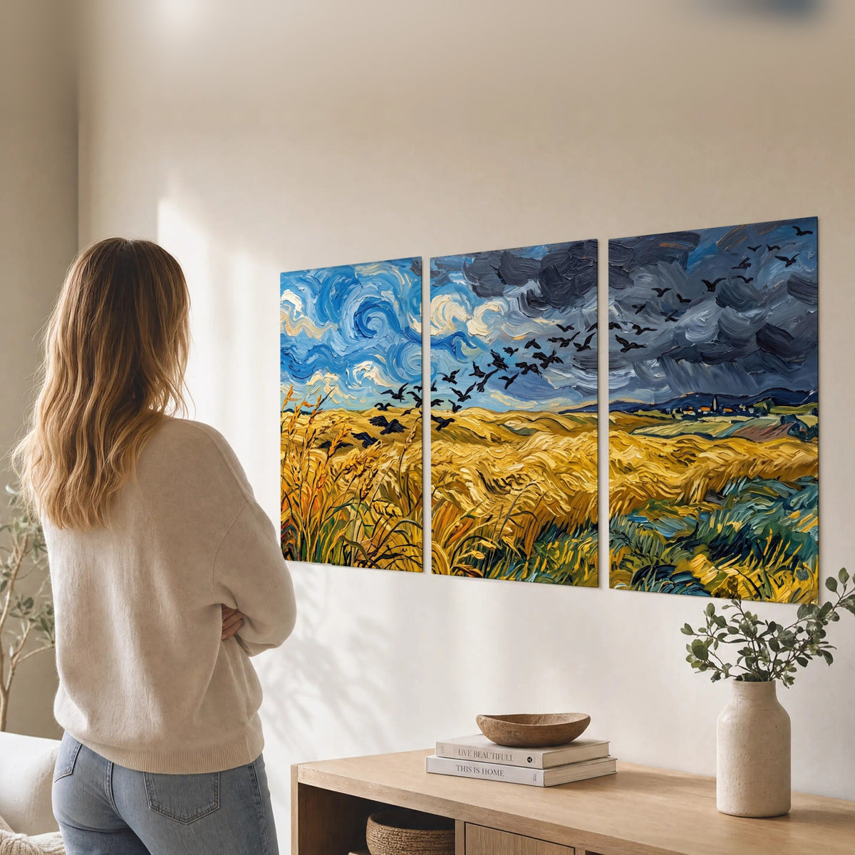 Wheat field with crows painting set of 3 poster prints in a living room