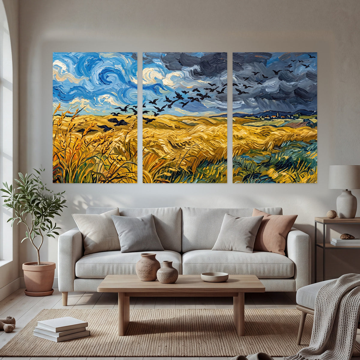 Wheat field with crows painting set of 3 poster prints in a bright living room