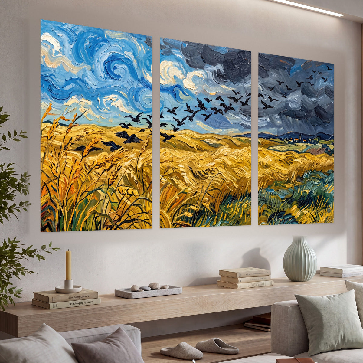 Wheat field with crows painting set of 3 poster prints in a living room above a console