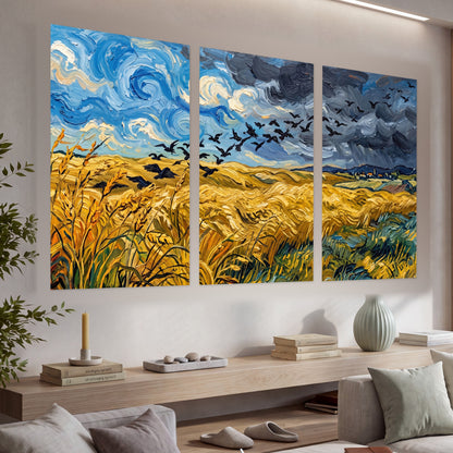 Wheat field with crows painting set of 3 poster prints in a living room above a console