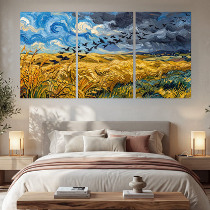 Wheat field with crows painting set of 3 poster prints in a bedroom above the bed