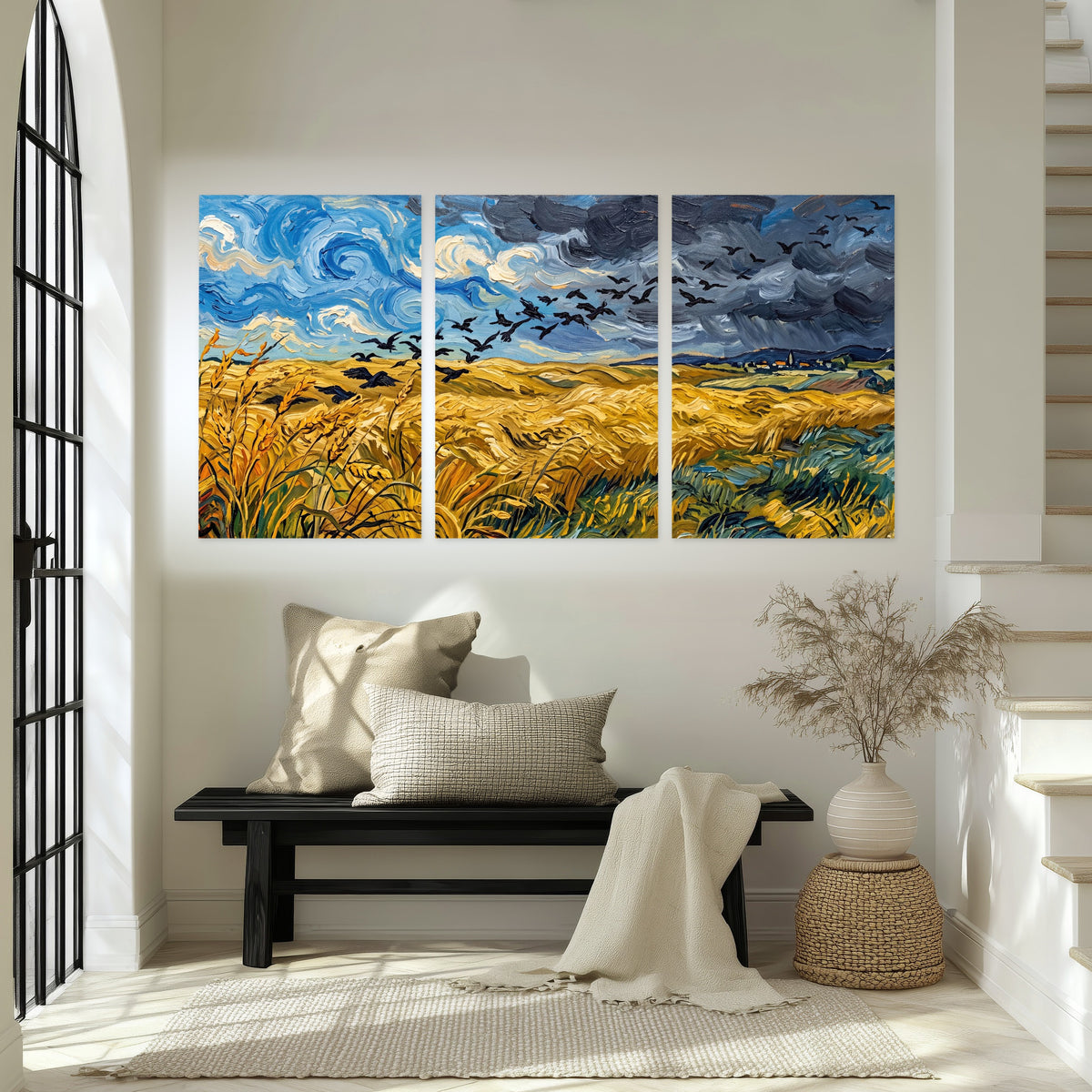 Wheat field with crows painting set of 3 poster prints in an entryway above a bench