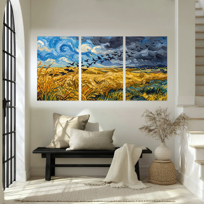 Wheat field with crows painting set of 3 poster prints in an entryway above a bench