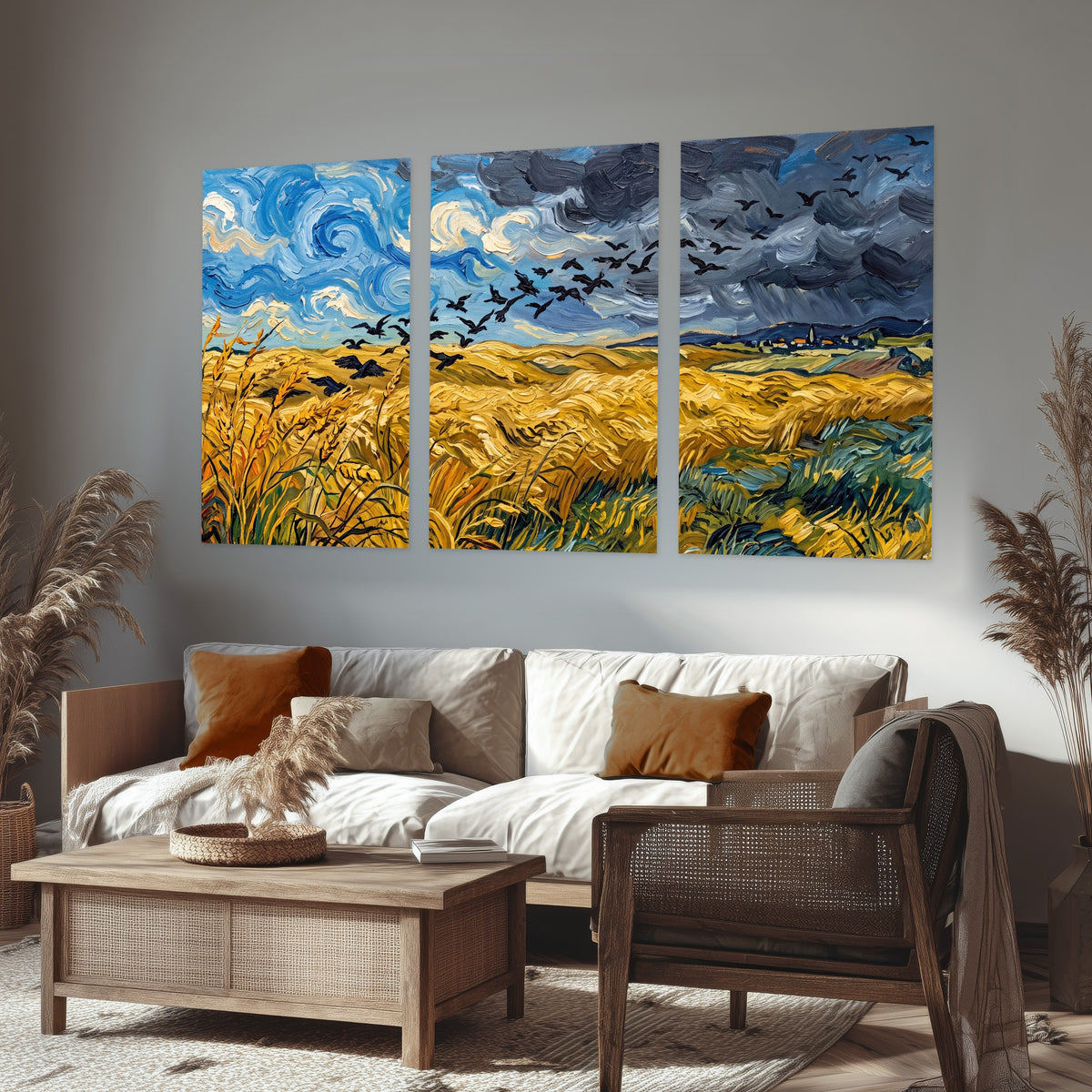 Wheat field with crows painting set of 3 poster prints in a rustic living room