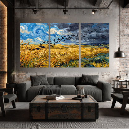 Wheat field with crows painting set of 3 poster prints in an industrial loft