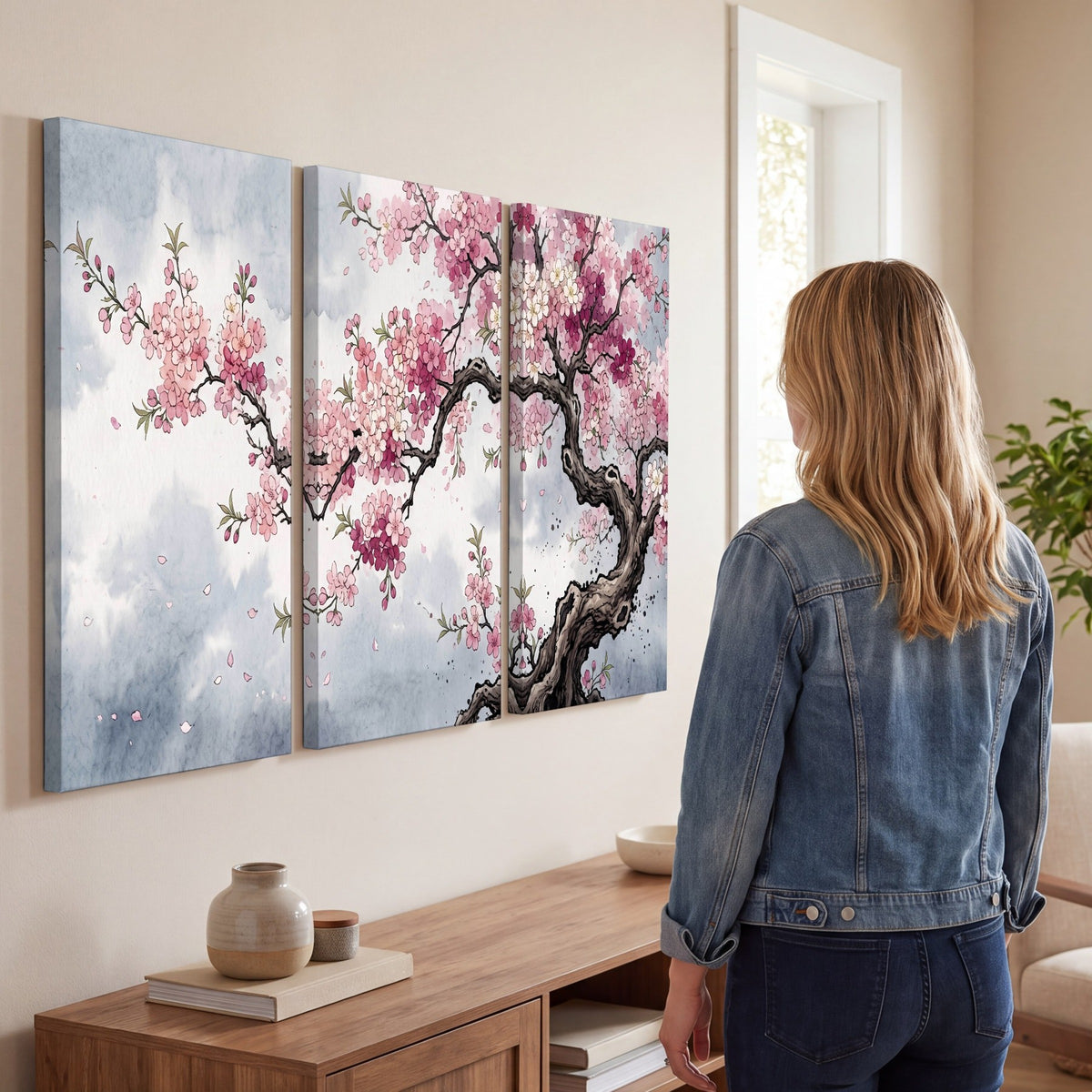 Cherry blossom tree painting 3 piece canvas wall art in a living room