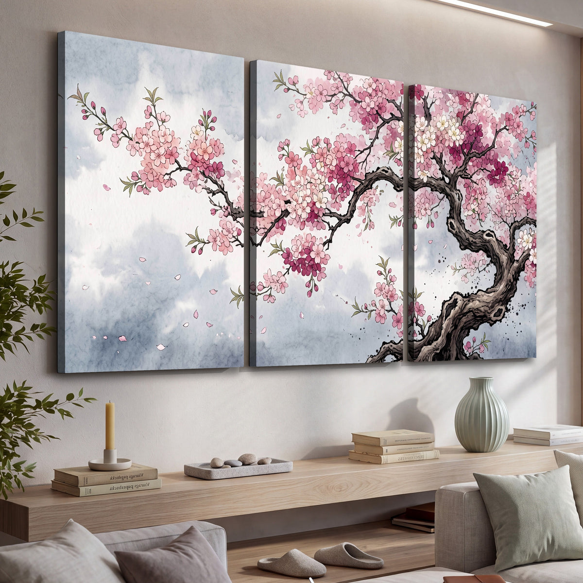 Cherry blossom tree painting 3 piece canvas wall art in a living room above a console