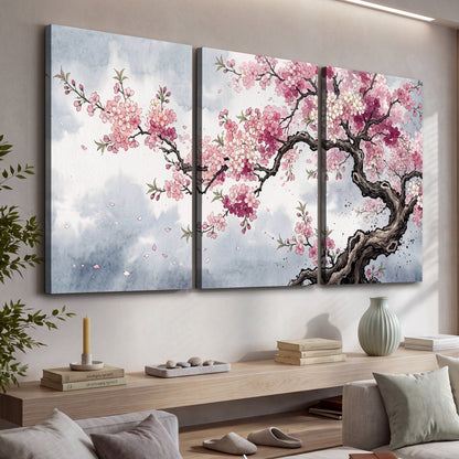 Cherry blossom tree painting 3 piece canvas wall art in a living room above a console