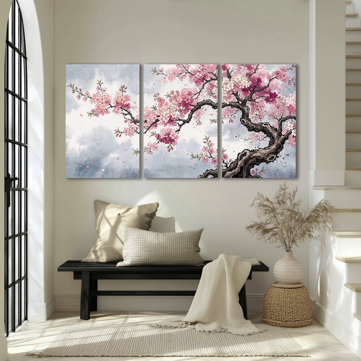 Cherry blossom tree painting 3 piece canvas wall art in an entryway above a bench