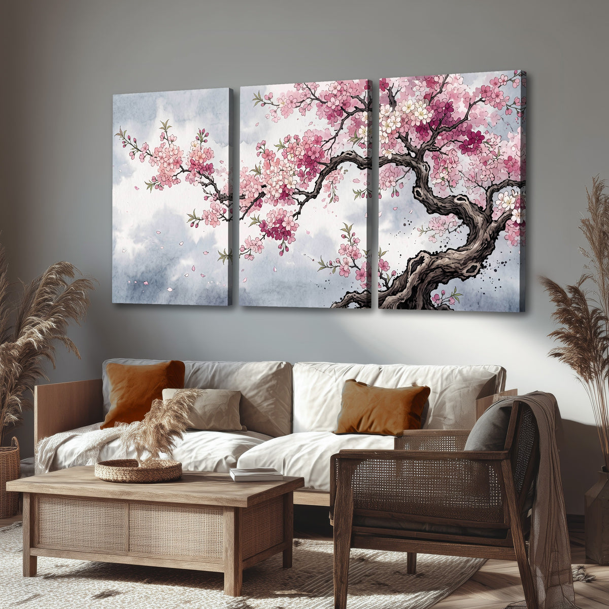 Cherry blossom tree painting 3 piece canvas wall art in a rustic living room