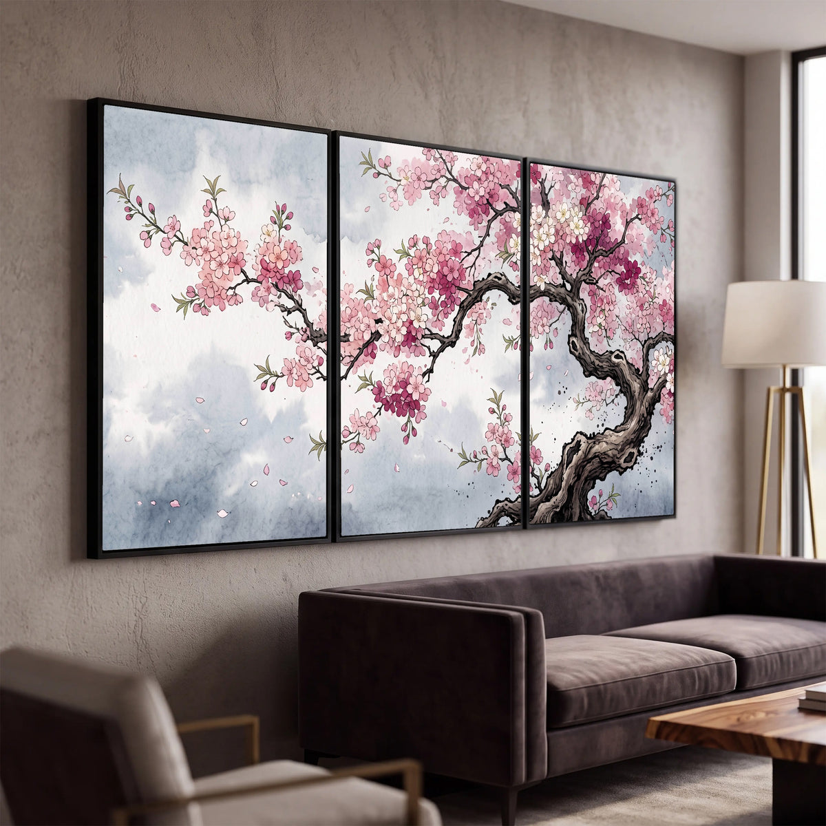 Cherry blossom tree painting 3 piece canvas wall art in a modern living room