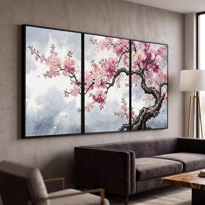 Cherry blossom tree painting 3 piece canvas wall art in a modern living room
