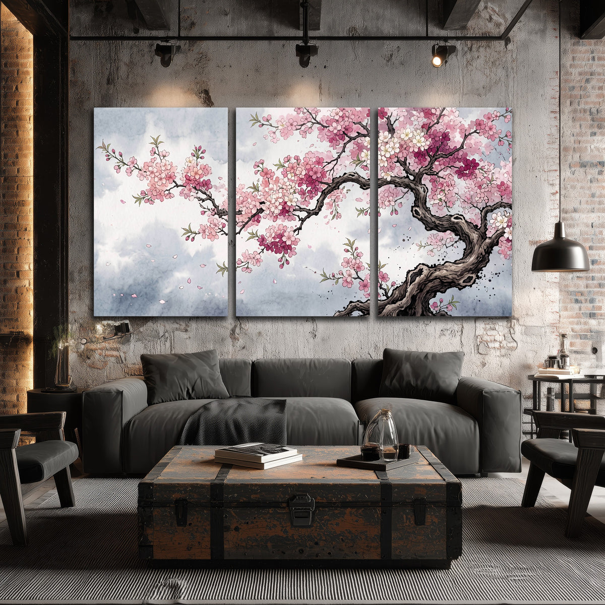 Cherry blossom tree painting 3 piece canvas wall art in an industrial loft