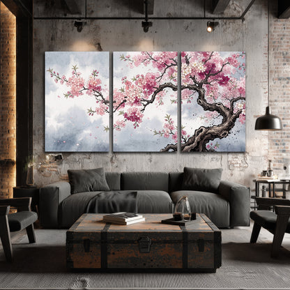 Cherry blossom tree painting 3 piece canvas wall art in an industrial loft