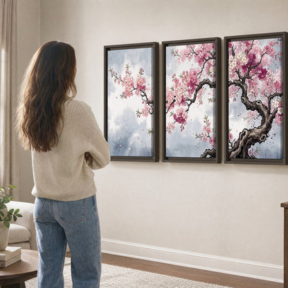 Cherry blossom tree painting 3 piece framed canvas in a living room