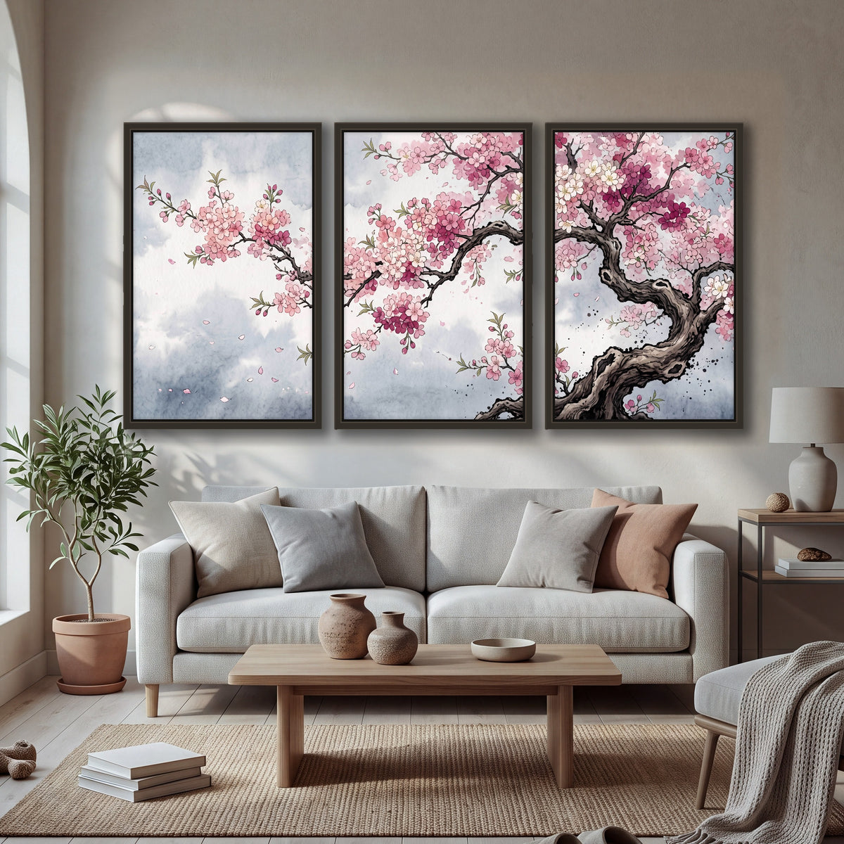 Cherry blossom tree painting 3 piece framed canvas in a bright living room