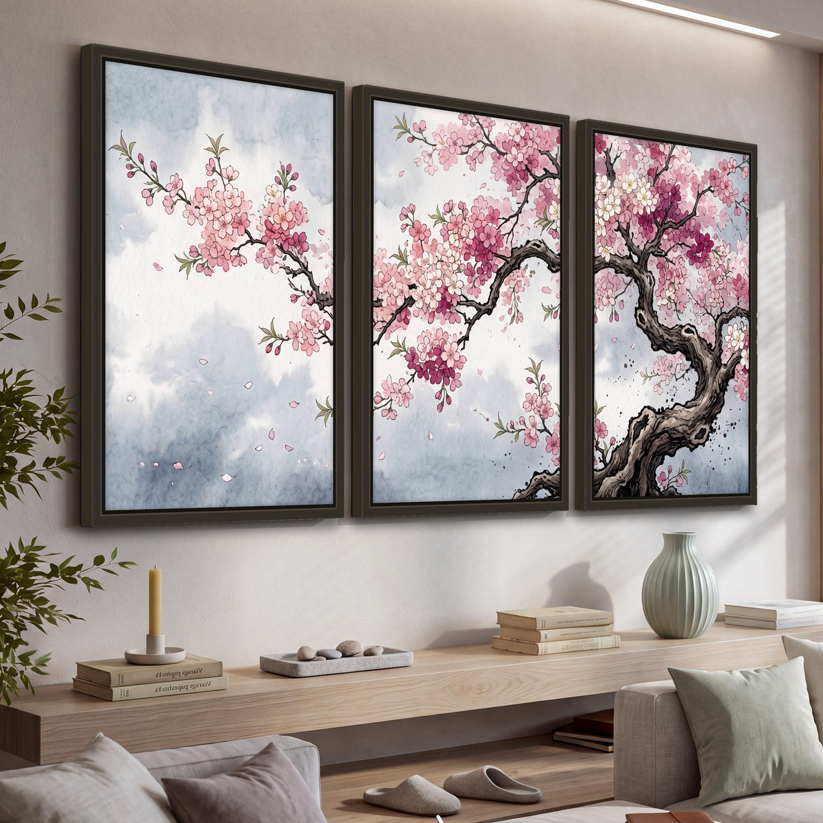 Cherry blossom tree painting 3 piece framed canvas in a living room above a console