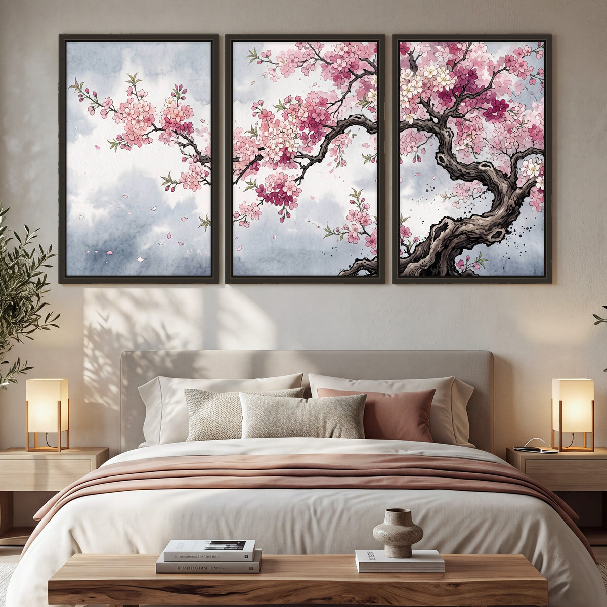 Cherry blossom tree painting 3 piece framed canvas in a bedroom above the bed