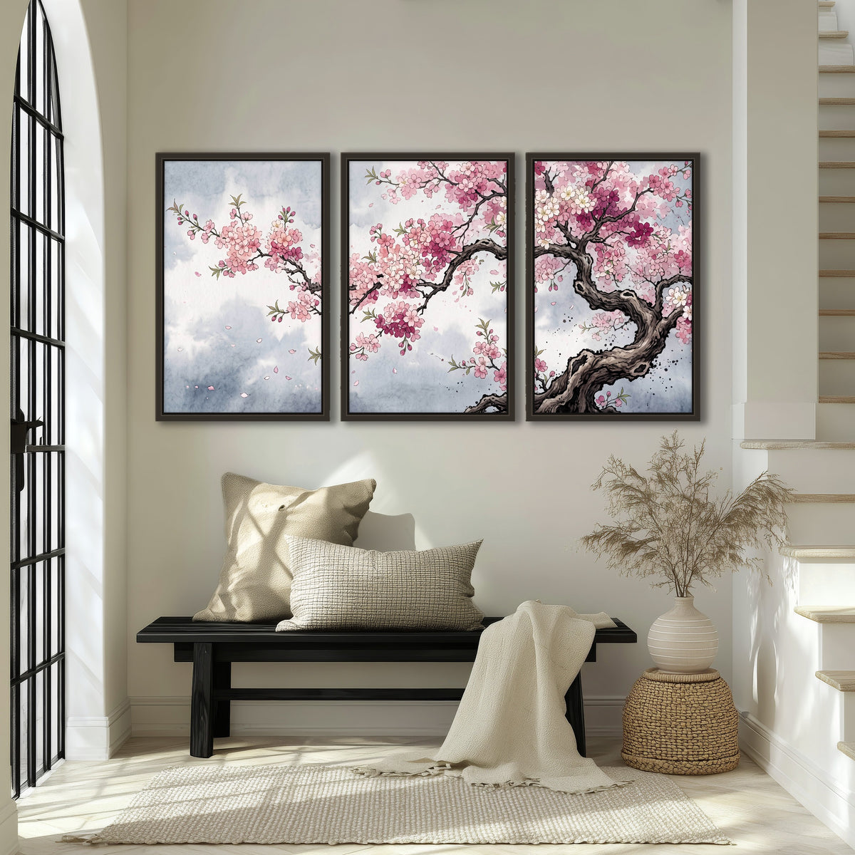 Cherry blossom tree painting 3 piece framed canvas in an entryway above a bench