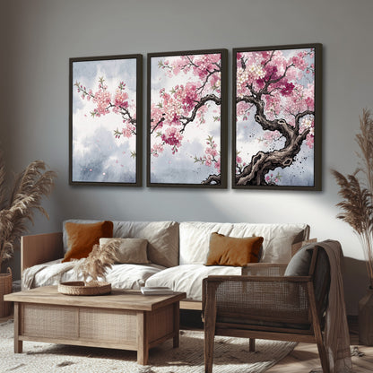 Cherry blossom tree painting 3 piece framed canvas in a rustic living room