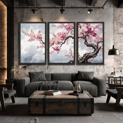 Cherry blossom tree painting 3 piece framed canvas in an industrial loft