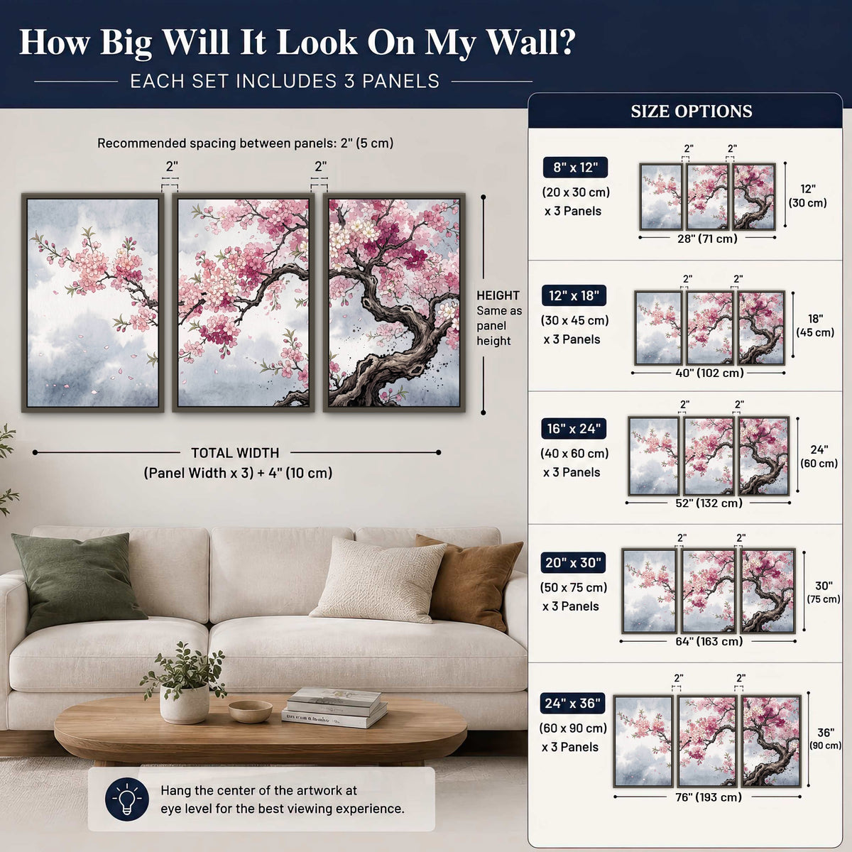 Cherry blossom tree painting 3 piece framed canvas size guide above a sofa