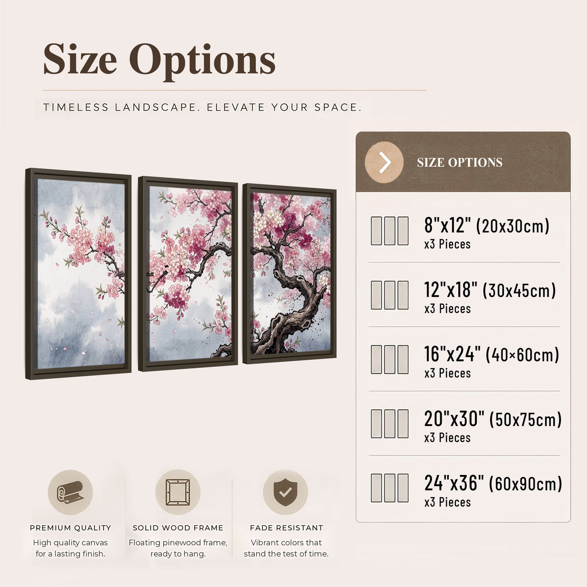 Cherry blossom tree painting 3 piece framed canvas size options