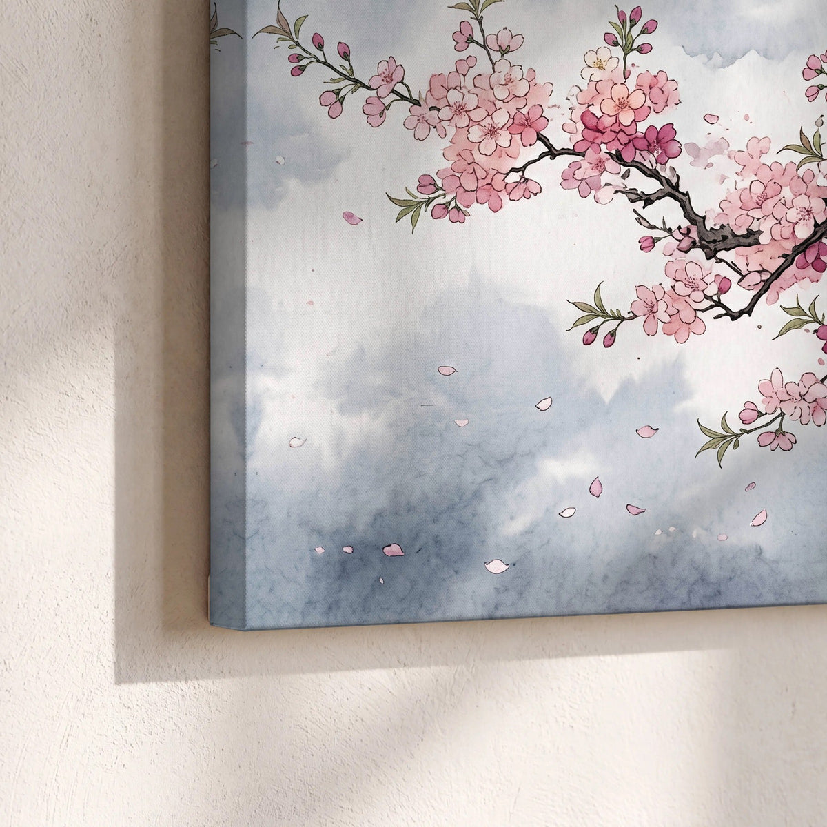 Cherry blossom tree painting canvas print close-up showing the gallery-wrapped edge