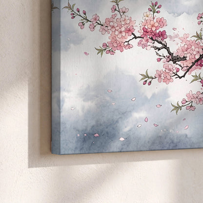 Cherry blossom tree painting canvas print close-up showing the gallery-wrapped edge