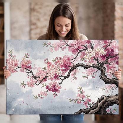 Cherry blossom tree painting canvas wall art held in hands