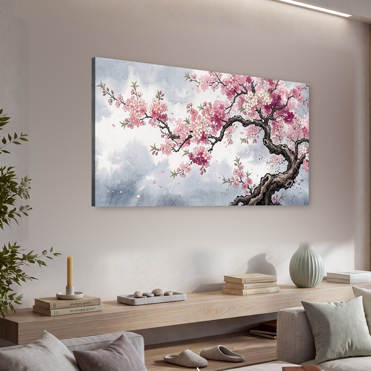 Cherry blossom tree painting canvas wall art in a living room above a console