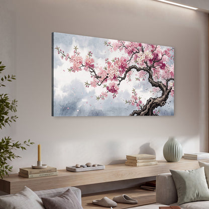 Cherry blossom tree painting canvas wall art in a living room above a console