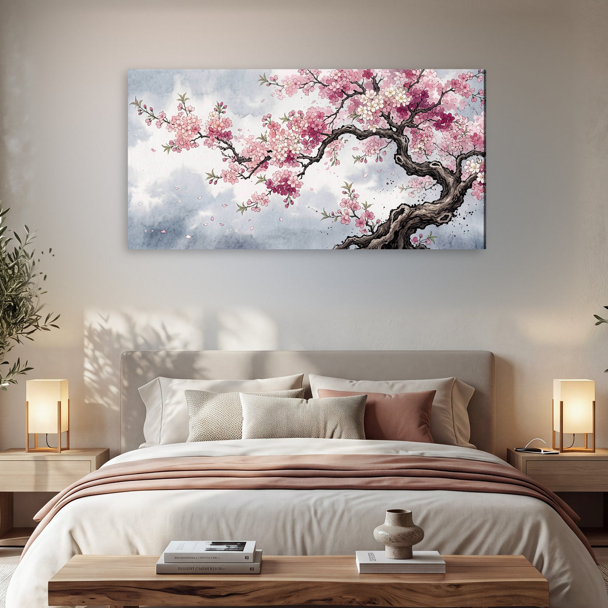 Cherry blossom tree painting canvas wall art in a bedroom above the bed