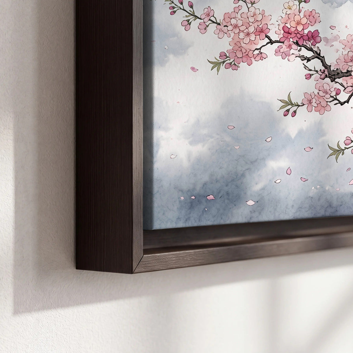 Cherry blossom tree painting framed canvas close-up showing the floating frame