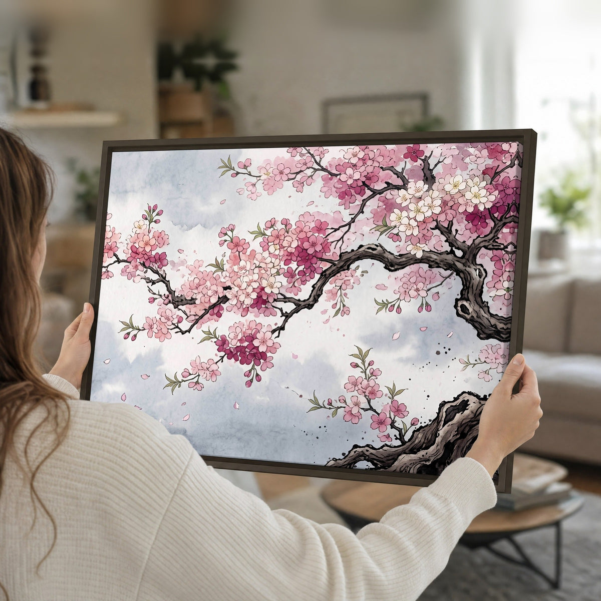 Cherry blossom tree painting framed canvas held in hands