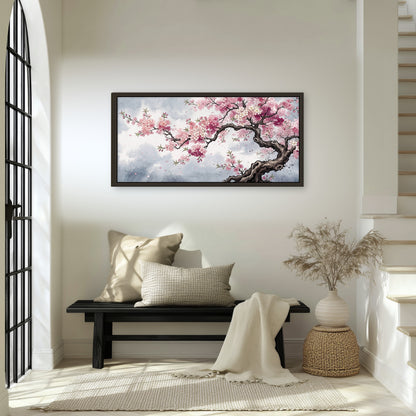 Cherry blossom tree painting framed canvas wall art in an entryway above a bench