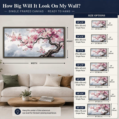 Cherry blossom tree painting framed canvas wall art size guide above a sofa