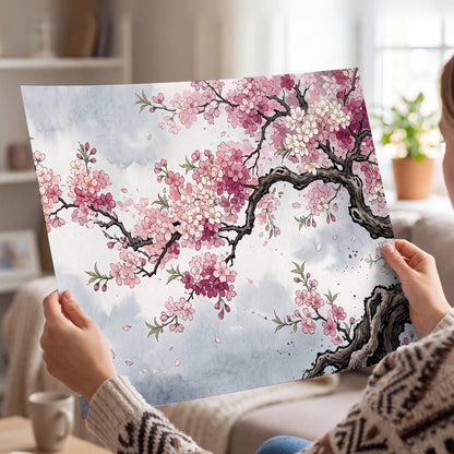 Cherry blossom tree painting poster print held in hands