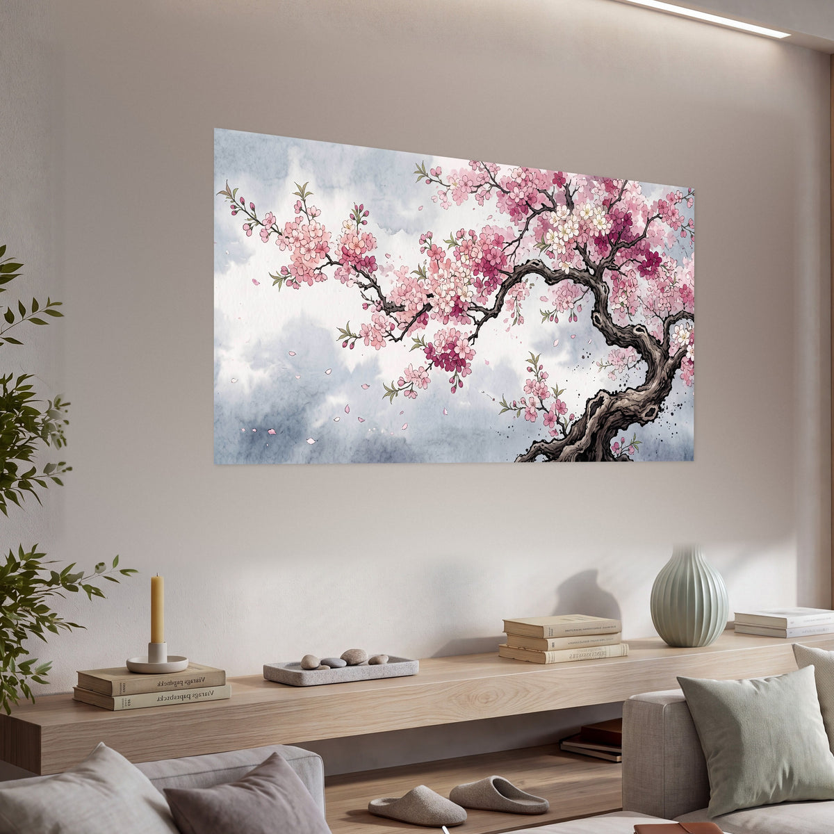 Cherry blossom tree painting poster print in a living room above a console