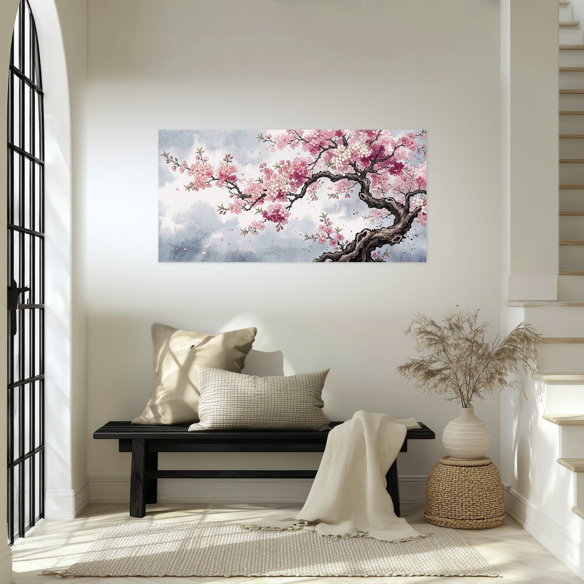 Cherry blossom tree painting poster print in an entryway above a bench