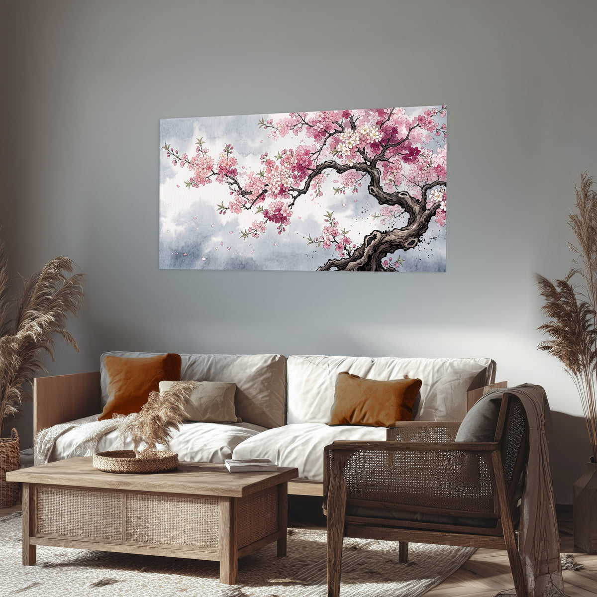 Cherry blossom tree painting poster print in a rustic living room